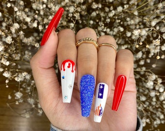 4th Of July Press On Nails/ American Nails/ Luxury Press On Nails/ False Nails/ Independence Day Nails