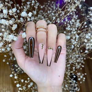 Brown V French coffin press on nails with gold rhinestone cute press on nails/ false nails/ glue on nails/ glitter nails