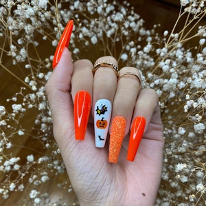 Orange Halloween nails design coffin press on nails/ shine glitter nails/ cute press on nails/ false nails/ glue on nails/ glitter nails