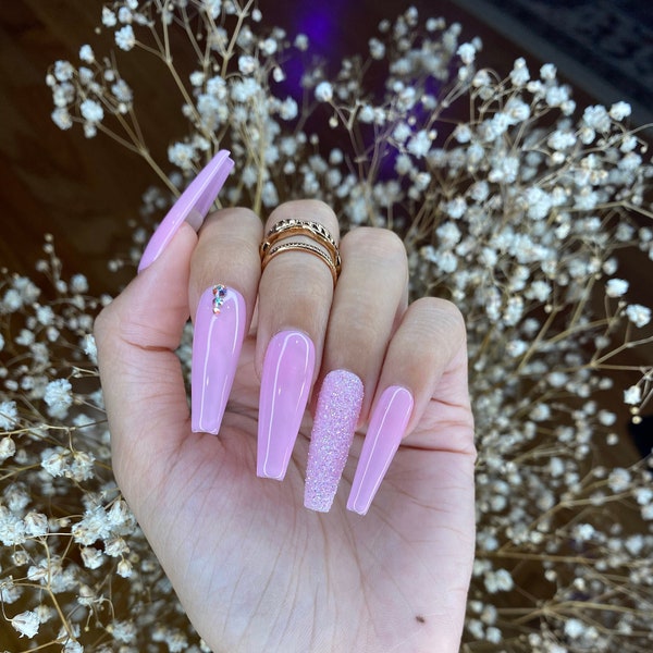 Baby pink coffin press on nails with glitter shine cute press on nails/ false nails/ glue on nails/ glitter nails
