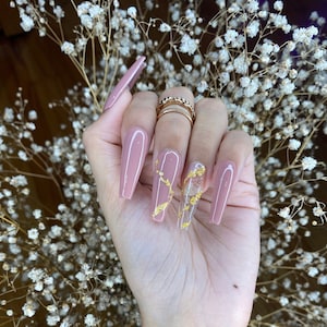 Light Apricot with gold flakes coffin press on nails with glitter shine cute press on nails/ false nails/ glue on nails/ glitter nails