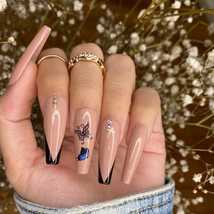 Nude Butterfly Nails Design/ Press On Nails/ Rhinestone Nails/ V lines nails/ Coffin Nails/ cute nails image 1