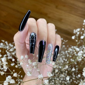 Black coffin  press on nails with glitter shine cute press on nails