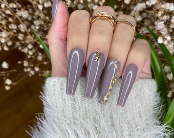 Gray with gold flakes coffin press on nails with diamond cute press on nails/ false nails/ glue on nails/ glitter nails