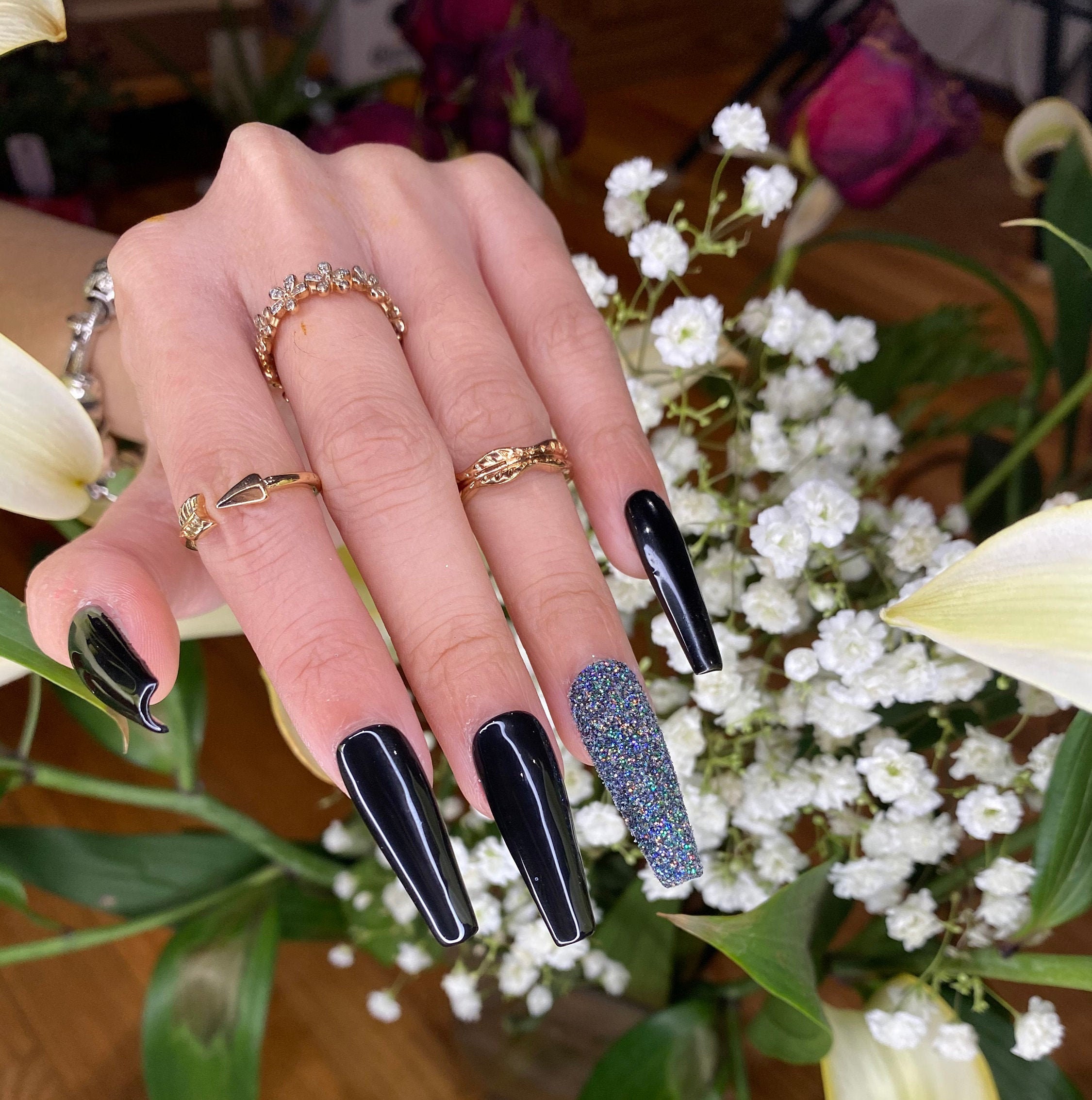 Black Coffin Press on Nails With Glitter Shine Cute Press on - Etsy