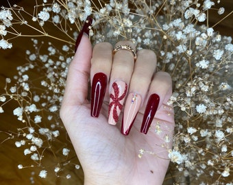 Burgundy Xmas nails design coffin press on nails with glitter shine cute press on nails/ winter press on nails/ glitter nails/ Xmas nail