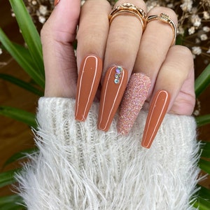 Brown coffin press on nails with glitter shine cute press on nails/ false nails/ glue on nails/ glitter nails