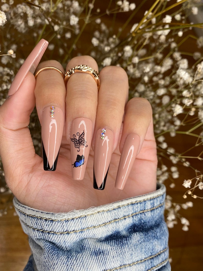 Nude Butterfly Nails Design/ Press On Nails/ Rhinestone Nails/ V lines nails/ Coffin Nails/ cute nails image 3