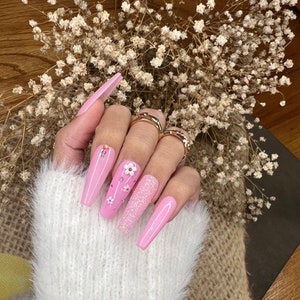 Baby pink coffin press on nails with flowers and glitter shine cute press on nails/ false nails/ glue on nails/ glitter nails