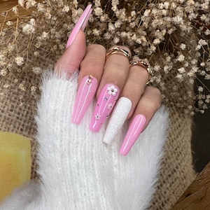 Baby pink coffin press on nails with flowers and glitter shine cute press on nails/ false nails/ glue on nails/ glitter nails