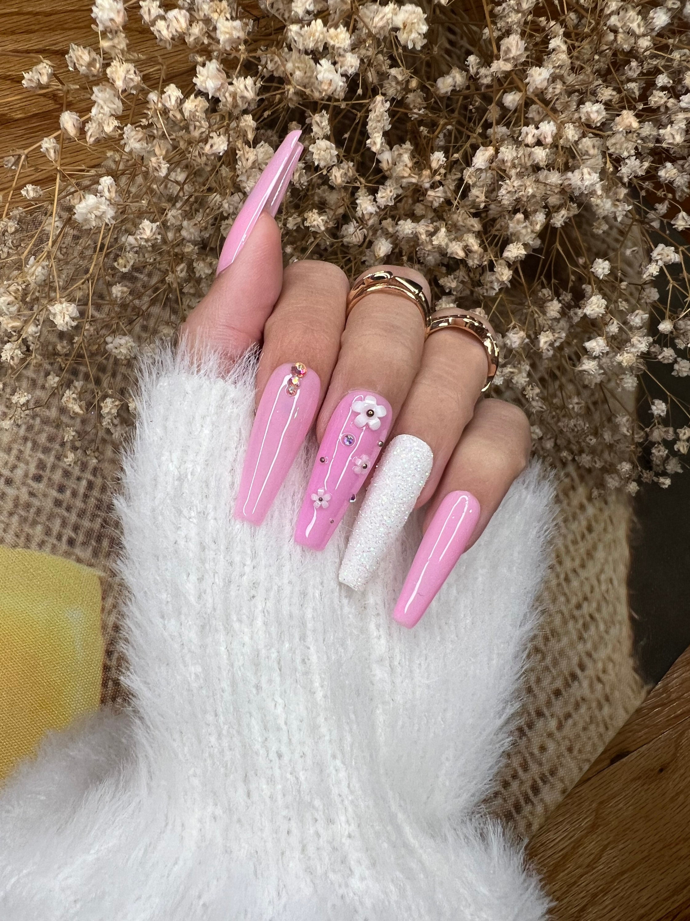 Baby pink coffin nails with glitter discount