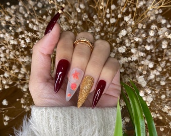 Burgundy fall nails design coffin press on nails with glitter shine/ cute press on nails/ false nails/ glue on nails/ glitter nails