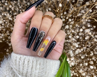 Black fall nails design coffin press on nails with glitter shine/ cute press on nails/ false nails/ glue on nails/ glitter nails