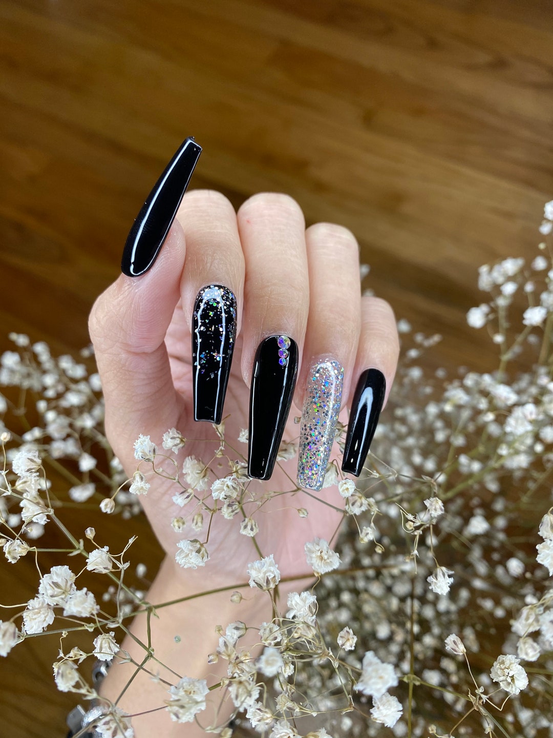 Black Coffin Press on Nails With Glitter Shine Cute Press on