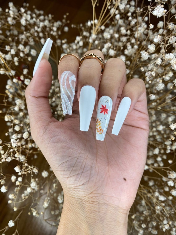 White Matte Fall Nails Design Coffin Press on Nails With Glitter Shine Cute Press on Nails False Nails Glue on Nails Glitter Nails Etsy