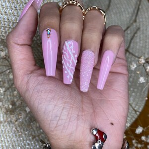 Baby pink sweater nails design coffin press on nails with glitter shine cute press on nails/ winter press on nails/ glitter nails/ Xmas nail image 5