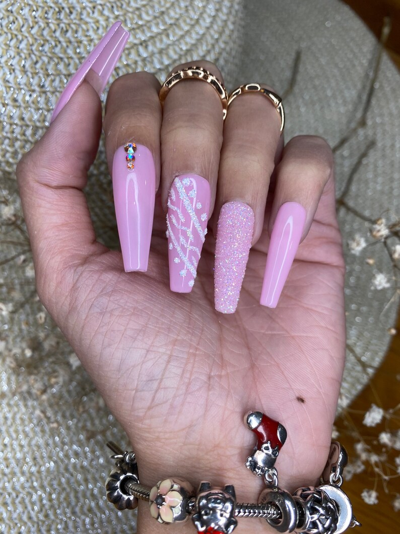 Baby pink sweater nails design coffin press on nails with glitter shine cute press on nails/ winter press on nails/ glitter nails/ Xmas nail image 5