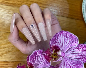 Nude coffin press on nails with glitter shine cute press on nails/ false nails/ glue on nails/ glitter nails
