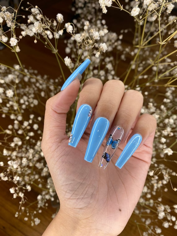 Baby Blue Press On Nails With Butterfly Coffin Set False Etsy Sweden