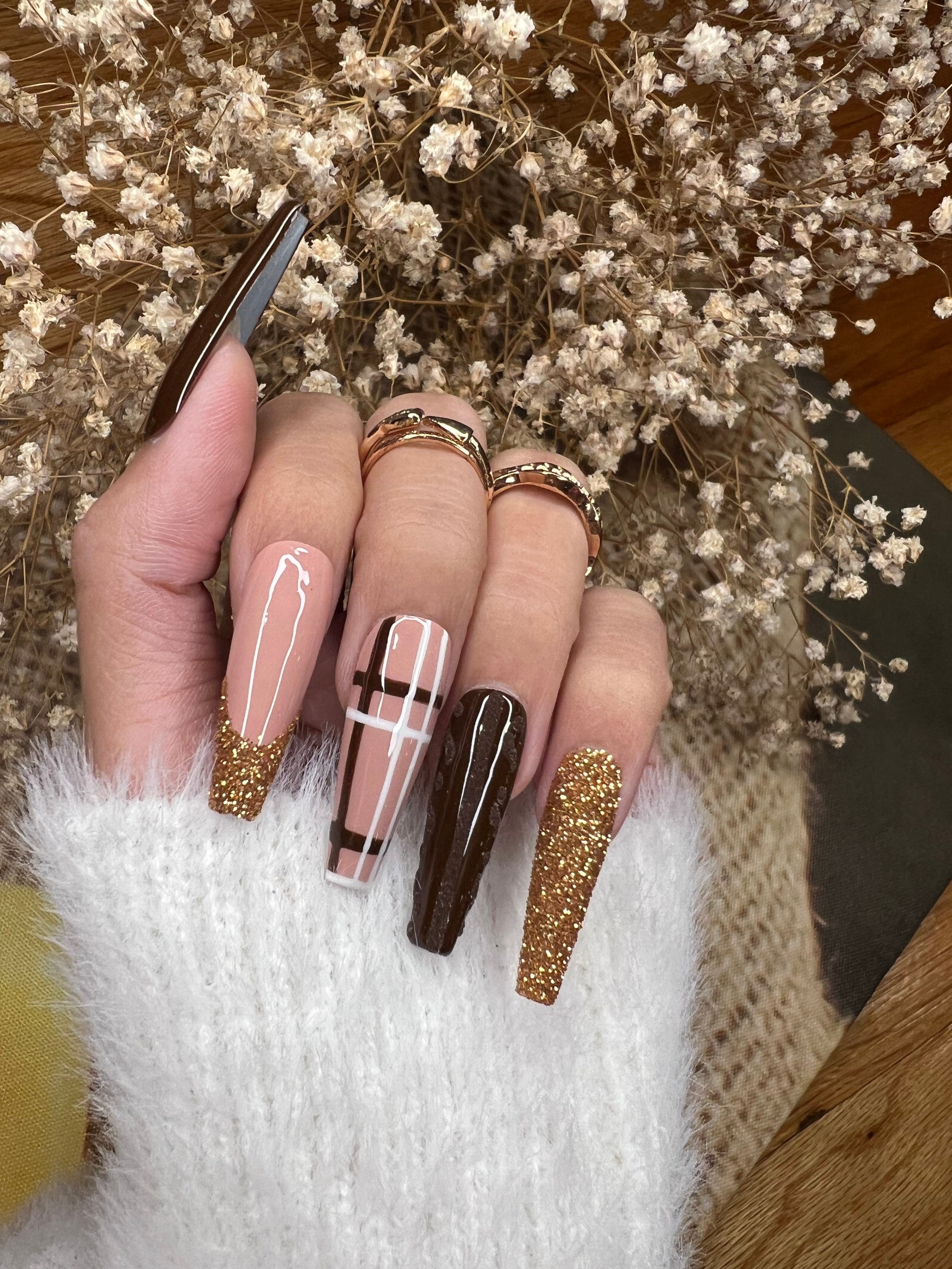 Brown Nails with Gold Accents