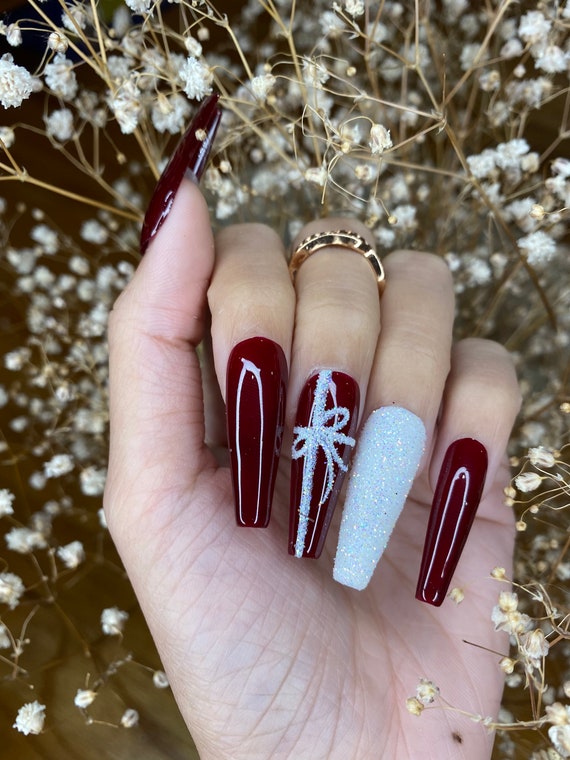 Burgundy Xmas Nails Design Coffin Press on Nails With Glitter Shine Cute Press on Nails Winter Press on Nails Glitter Nails Xmas Nail Etsy