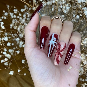 Fall Maple Leaf Press on Nails Fake Nails French Long Coffin Ballerina  False Nails Autumn Thanksgiving Dark Red Full Cover Design Acrylic  Artificial