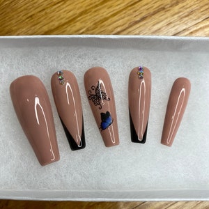 Nude Butterfly Nails Design/ Press On Nails/ Rhinestone Nails/ V lines nails/ Coffin Nails/ cute nails image 5