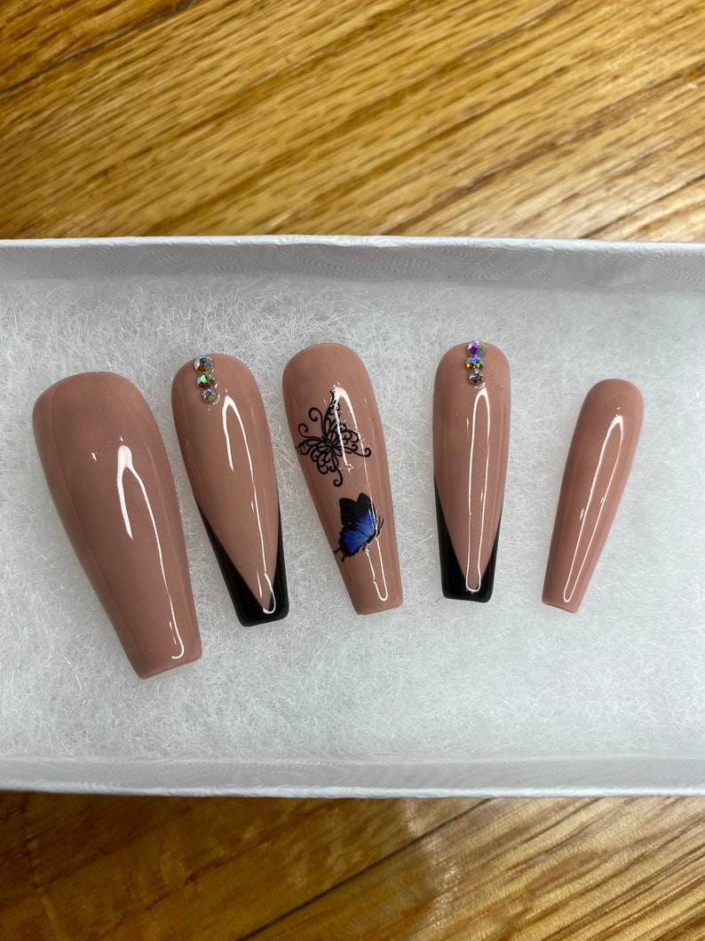 Nude Butterfly Nails Design/ Press On Nails/ Rhinestone Nails/ V lines nails/ Coffin Nails/ cute nails image 5