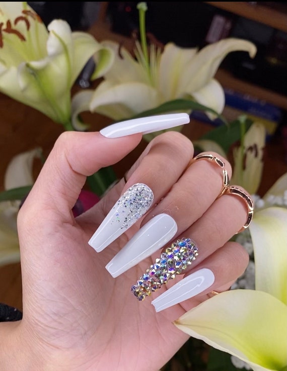 White Press on Nails With Rhinestones 