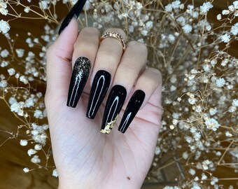 Black with gold flakes coffin press on nails with diamond cute press on nails/ glue on nails/ glitter nails/ winter press on nails