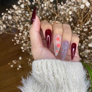 Burgundy fall nails design coffin press on nails with glitter shine/ cute press on nails/ false nails/ glue on nails/ glitter nails