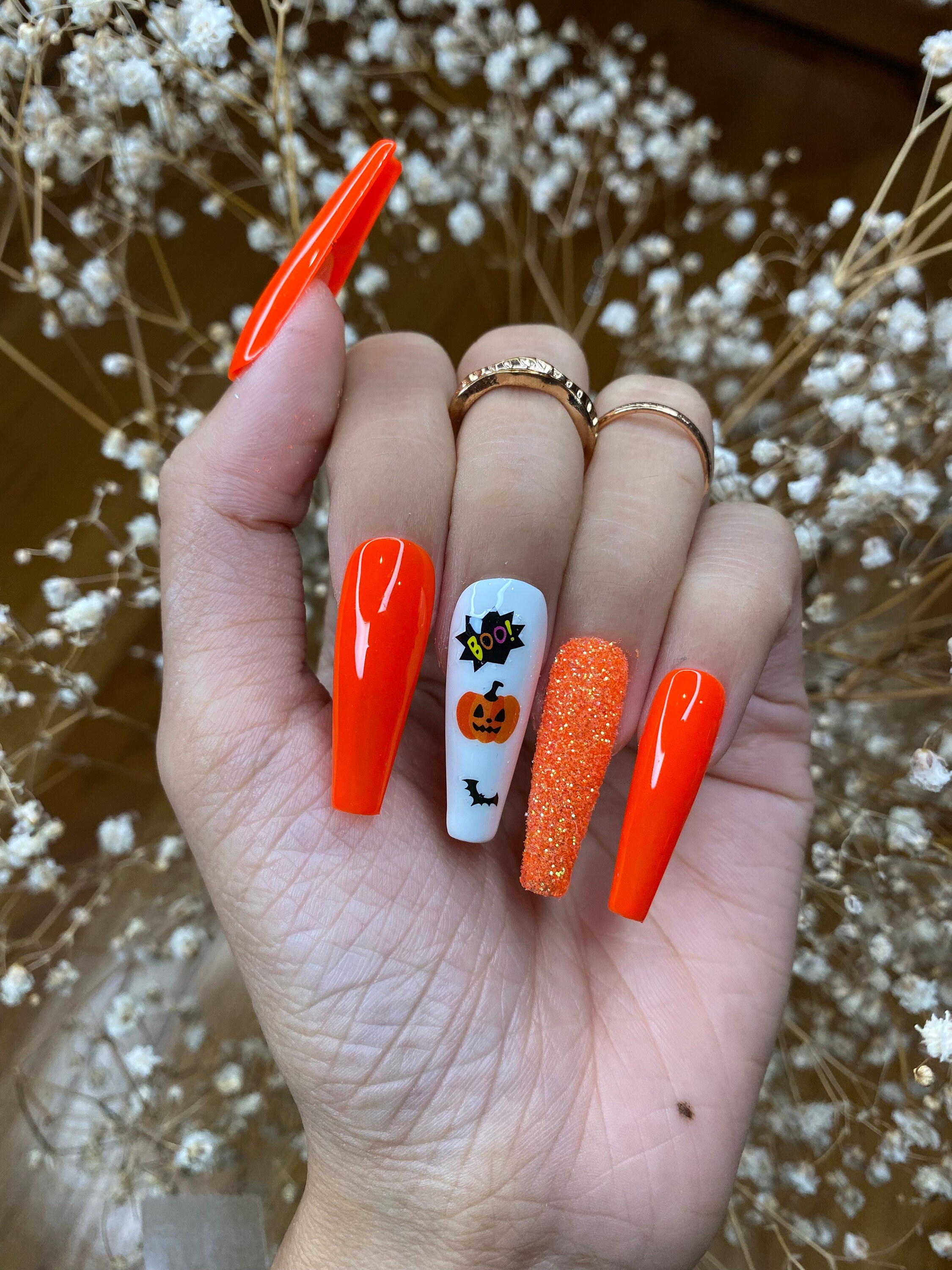 Orange Halloween nails design coffin press on nails shine glitter nails cute press on nails false nails glue on nails glitter nails