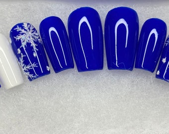 Royal blue and white glitter snowflakes nails design/ coffin press on nails glitter shine/ cute press on nails/ winter press on nails