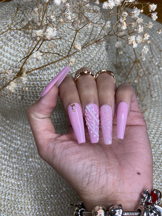 Light pink coffin cheap nails with glitter