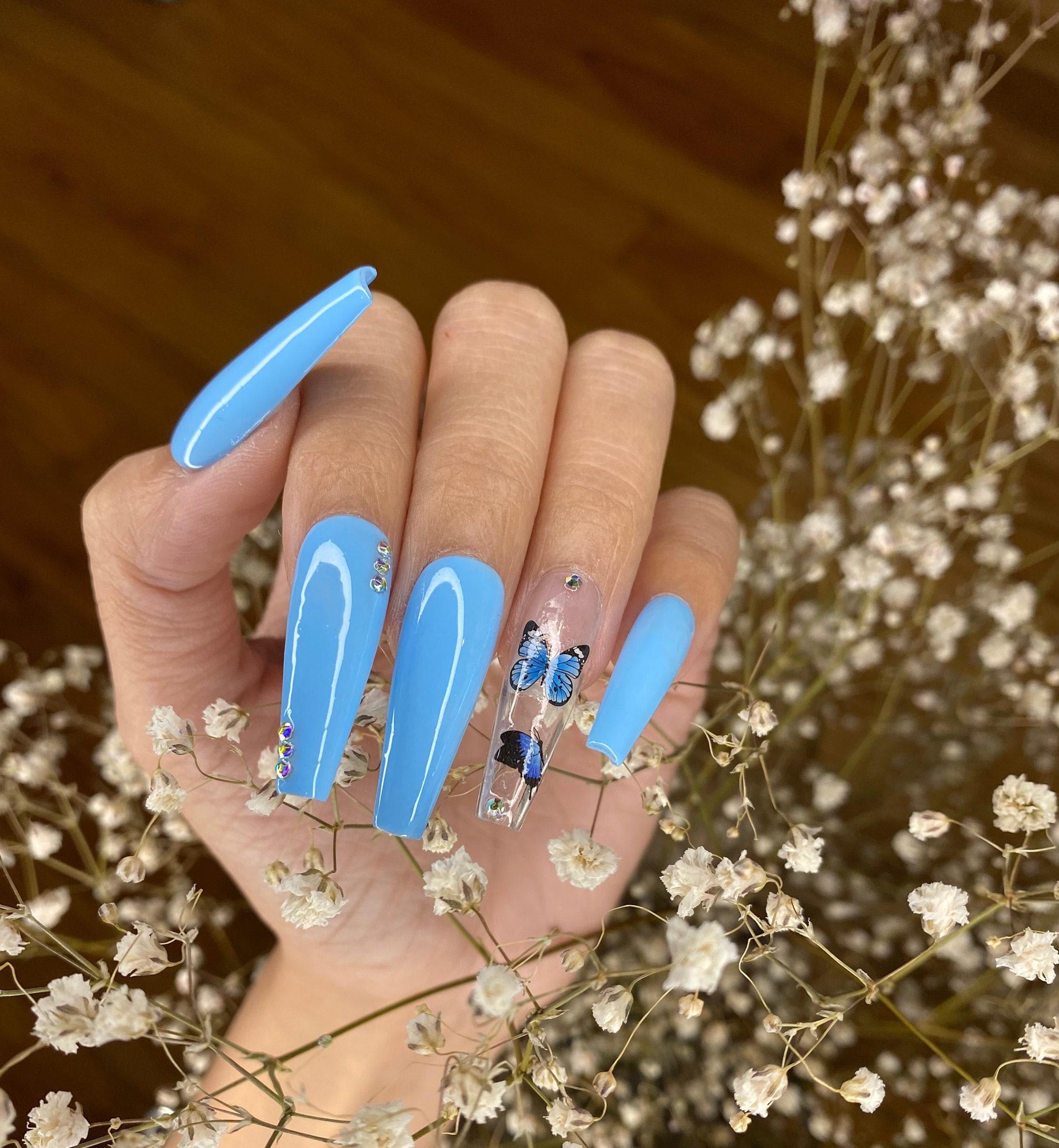 Baby Blue Press On Nails With Butterfly Coffin Set False Etsy