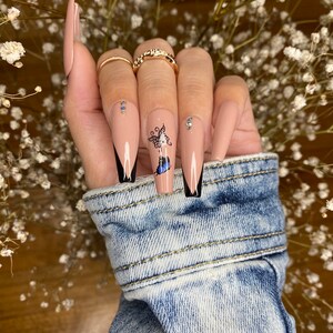 Nude Butterfly Nails Design/ Press On Nails/ Rhinestone Nails/ V lines nails/ Coffin Nails/ cute nails image 2