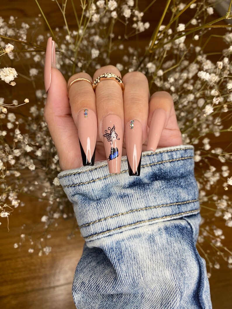 Nude Butterfly Nails Design/ Press On Nails/ Rhinestone Nails/ V lines nails/ Coffin Nails/ cute nails image 2