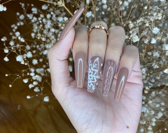 Butternut squash sweater and white glitter snowflakes nails design/ coffin press on nails/ winter nails press on nails/ cute press on nails