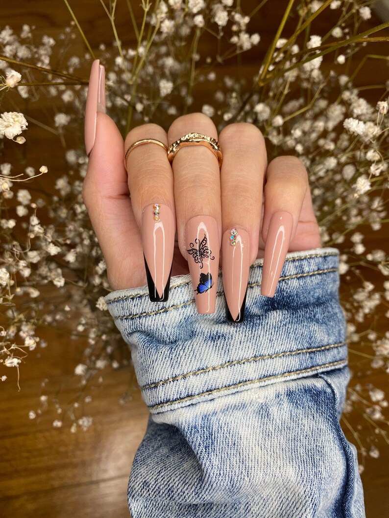 Nude Butterfly Nails Design/ Press On Nails/ Rhinestone Nails/ V lines nails/ Coffin Nails/ cute nails image 4