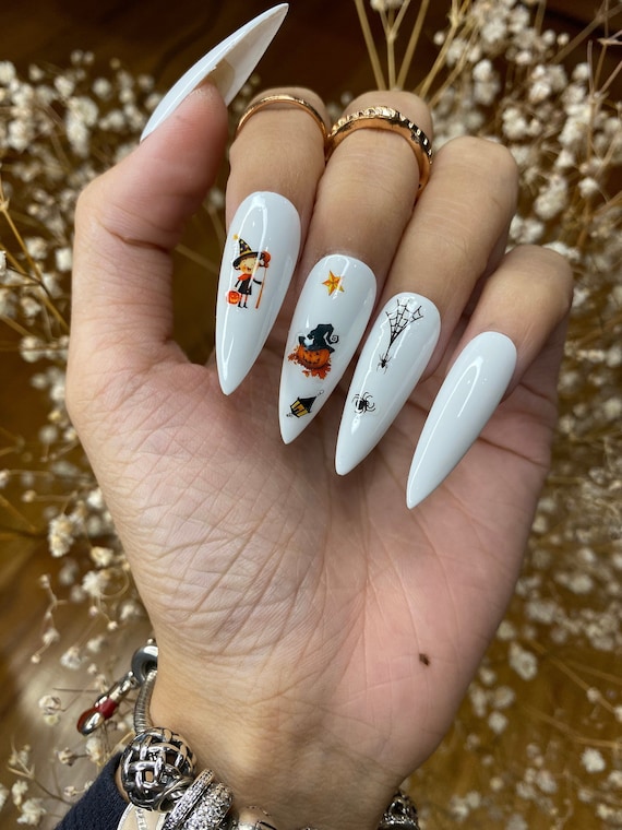 White Halloween Nails Design Coffin Press on Nails Cute Press on Nails False Nails Glue on Nails Glitter Nails Etsy