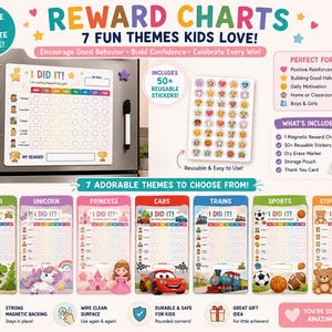 May include: A magnetic reward chart set featuring seven distinct themes including dinosaurs, unicorns, princesses, cars, trains, sports, and stuffed animals. The set includes a dry erase marker, over 50 reusable stickers, a storage pouch, and a thank you card.