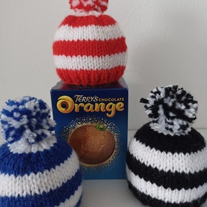 Knitted Chocolate Orange Cover in Football Colours for Football Fans, Dad Birthday, Stocking Filler, Table Gift, Teacher Gift, Small Gift.