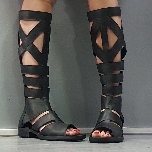 Gladiator Sandals, Strappy Shoes, High Sandals, Steampunk Shoes, Gothic Sandals, Genuine Shoes, Handmade ShoesNonstandarddesign