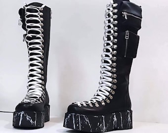 Genuine Leather Platform Gothic Boots with Pockets