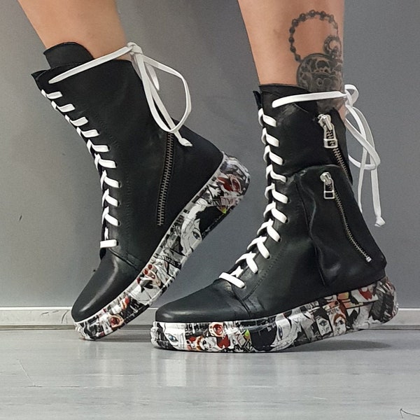 Extravagant Women Genuine Leather Sneakers, Extravagant Colored Sole, Gothic Sneakers, Tie Sneakers, Grunge Sneakers, Black Sneakers Pocket