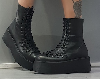 Genuine Leather Platform Ankle Boots: Gothic Grunge Style