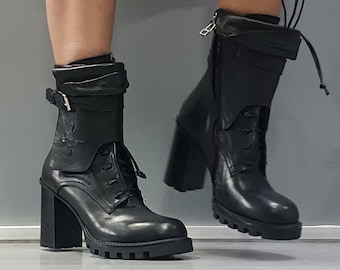 Leather Heeled Booties: Gothic Ankle Boots, Size 35 (Foot Length 22 cm)