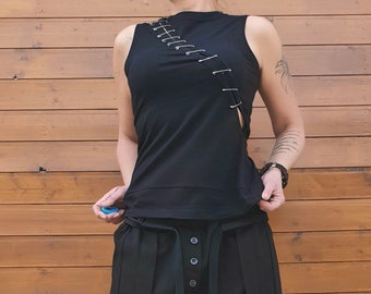 Cotton Sleeveless Top with Safety Pins: Extravagant Party Blouse