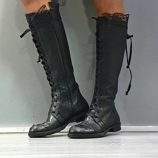 Black Flat Boots, Black Leather High Boots, Extravagant Shoes, Women Leather Shoes, Gothic Shoes, Long Boots, Handcrafted Shoes