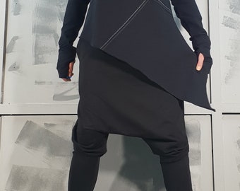 Avant Garde Black Cotton Pants, Drop Crotch Harem Women Trousers